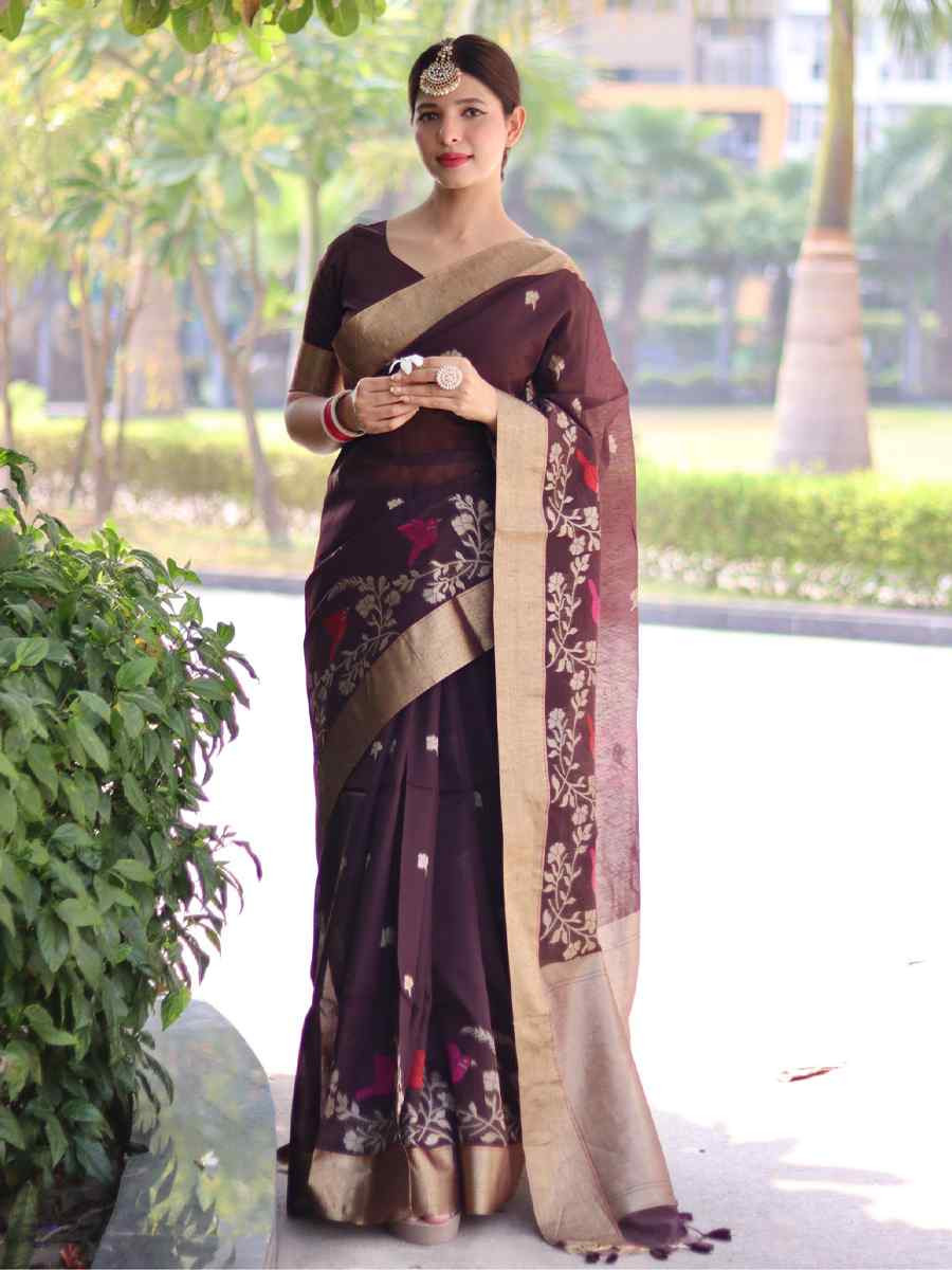 Wine Pure Linen Silk Handwoven Zari Festival Wedding Fancy Heavy Border Saree