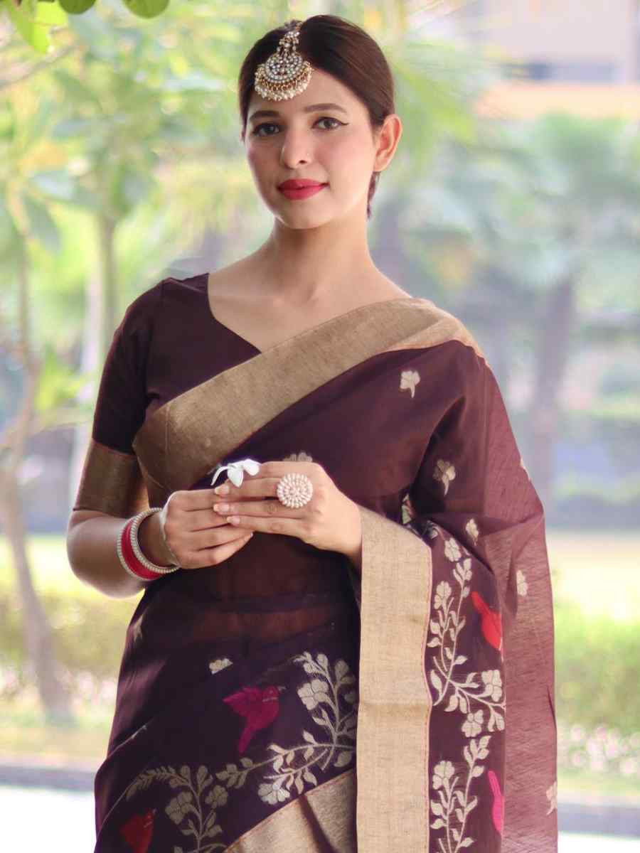 Wine Pure Linen Silk Handwoven Zari Festival Wedding Fancy Heavy Border Saree