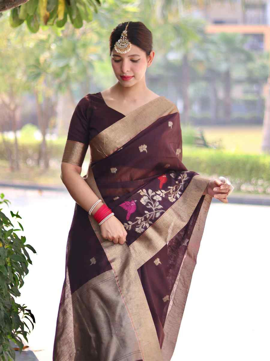Wine Pure Linen Silk Handwoven Zari Festival Wedding Fancy Heavy Border Saree