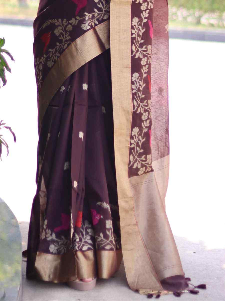 Wine Pure Linen Silk Handwoven Zari Festival Wedding Fancy Heavy Border Saree