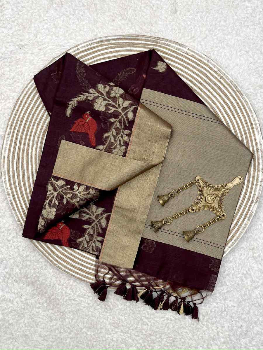 Wine Pure Linen Silk Handwoven Zari Festival Wedding Fancy Heavy Border Saree