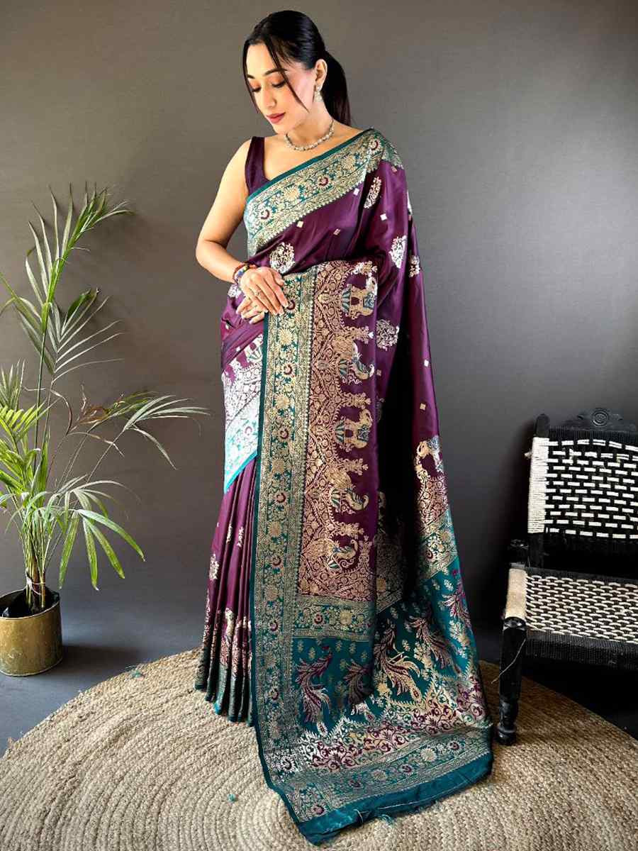 Wine Pure Paithani Banarasi Silk Handwoven Festival Wedding Fancy Heavy Border Saree