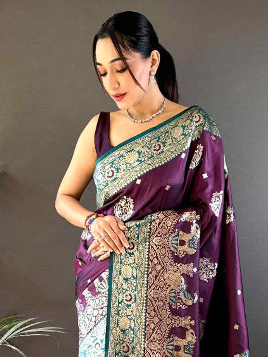 Wine Pure Paithani Banarasi Silk Handwoven Festival Wedding Fancy Heavy Border Saree