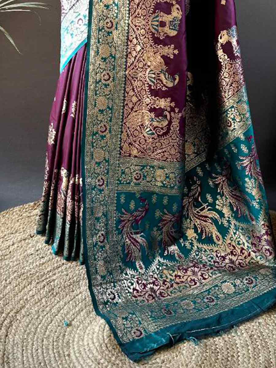 Wine Pure Paithani Banarasi Silk Handwoven Festival Wedding Fancy Heavy Border Saree