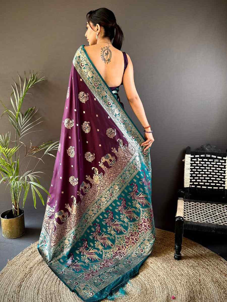 Wine Pure Paithani Banarasi Silk Handwoven Festival Wedding Fancy Heavy Border Saree