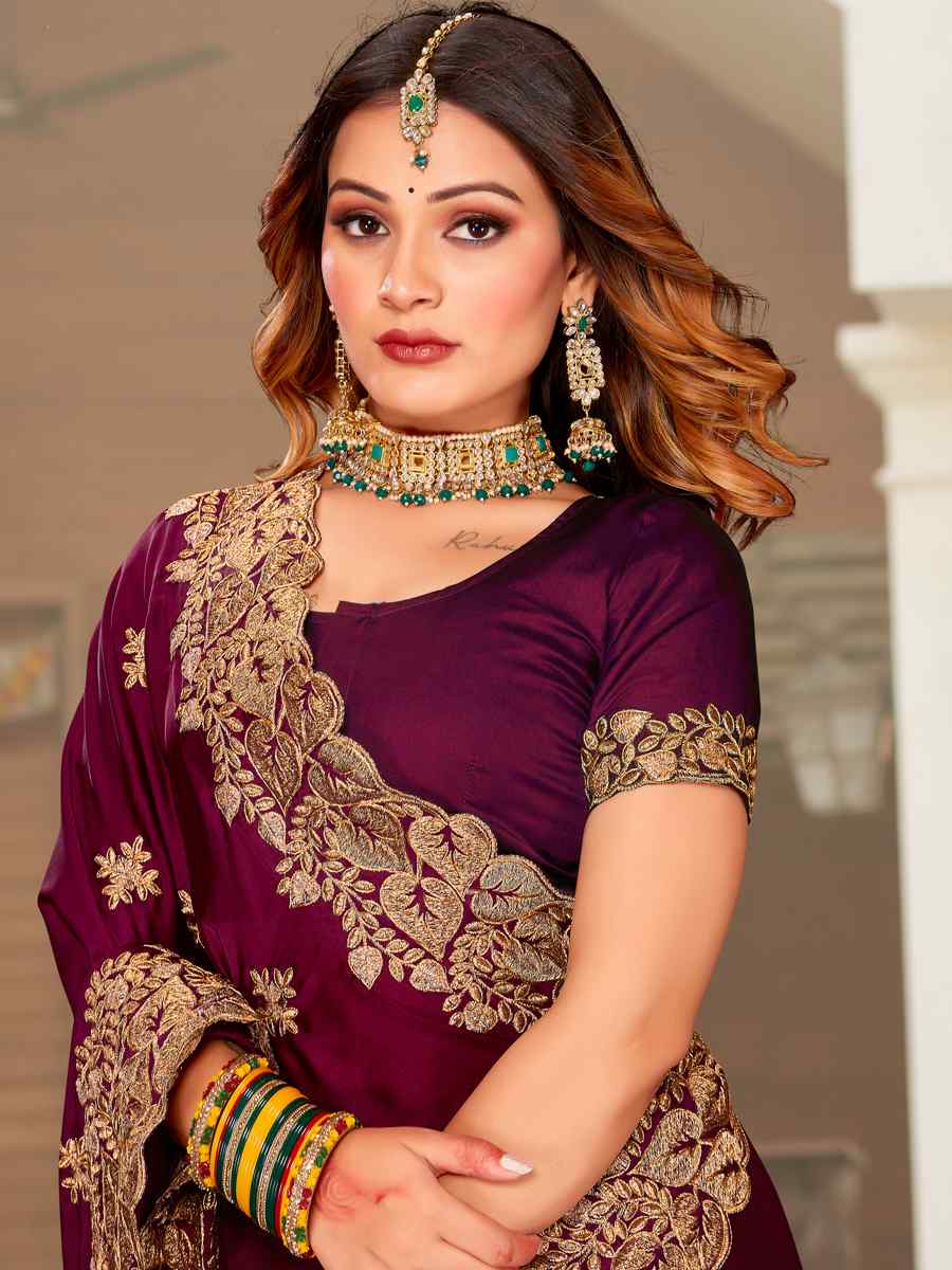 Wine Pure Satin Embroidered Wedding Festival Heavy Border Saree