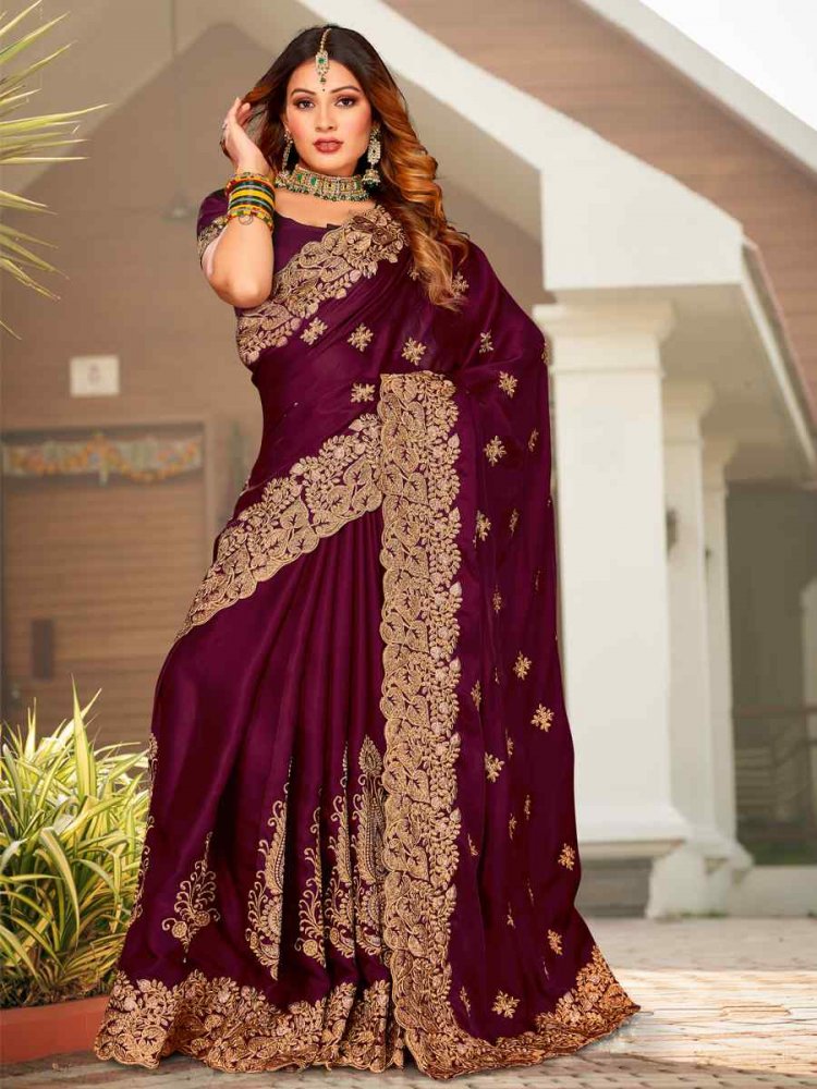 Wine Pure Satin Embroidered Wedding Festival Heavy Border Saree