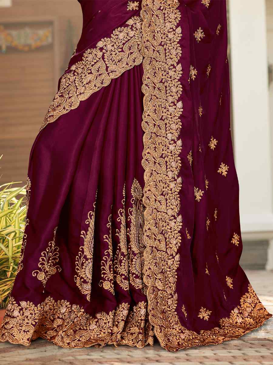 Wine Pure Satin Embroidered Wedding Festival Heavy Border Saree