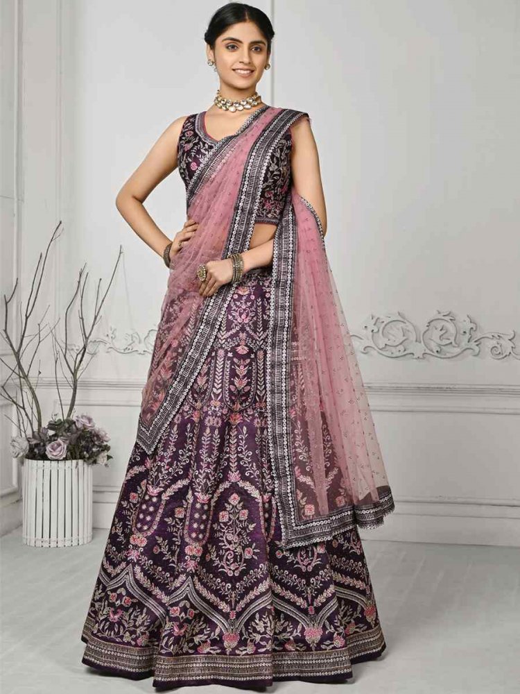 Wine Pure Satin Silk Embroidered Mehendi Festival Circular Lehenga Choli