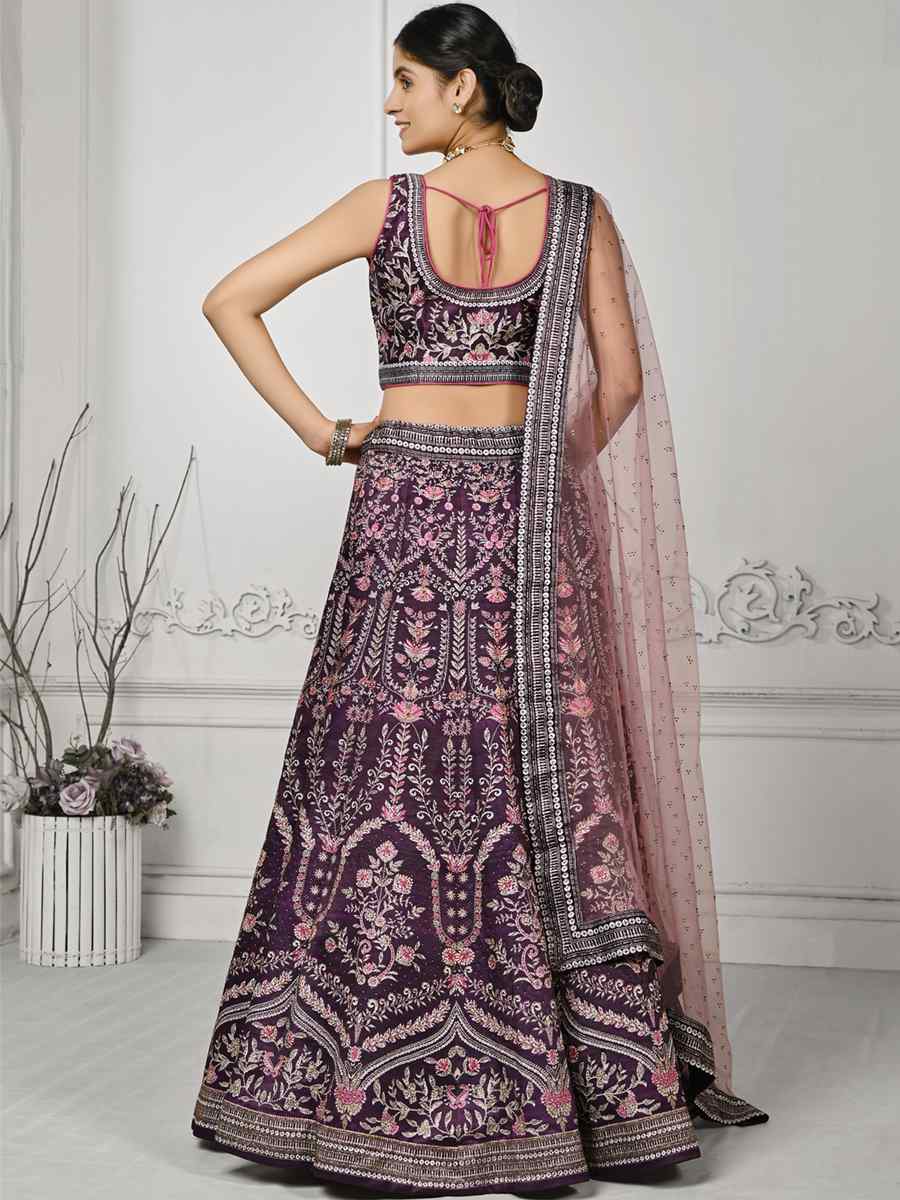 Wine Pure Satin Silk Embroidered Mehendi Festival Circular Lehenga Choli