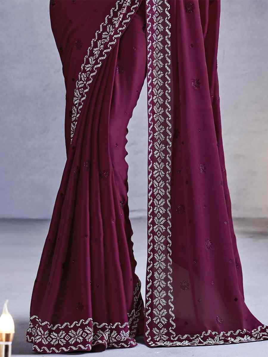 Wine Pure Satin Silk Embroidered Wedding Party Heavy Border Saree