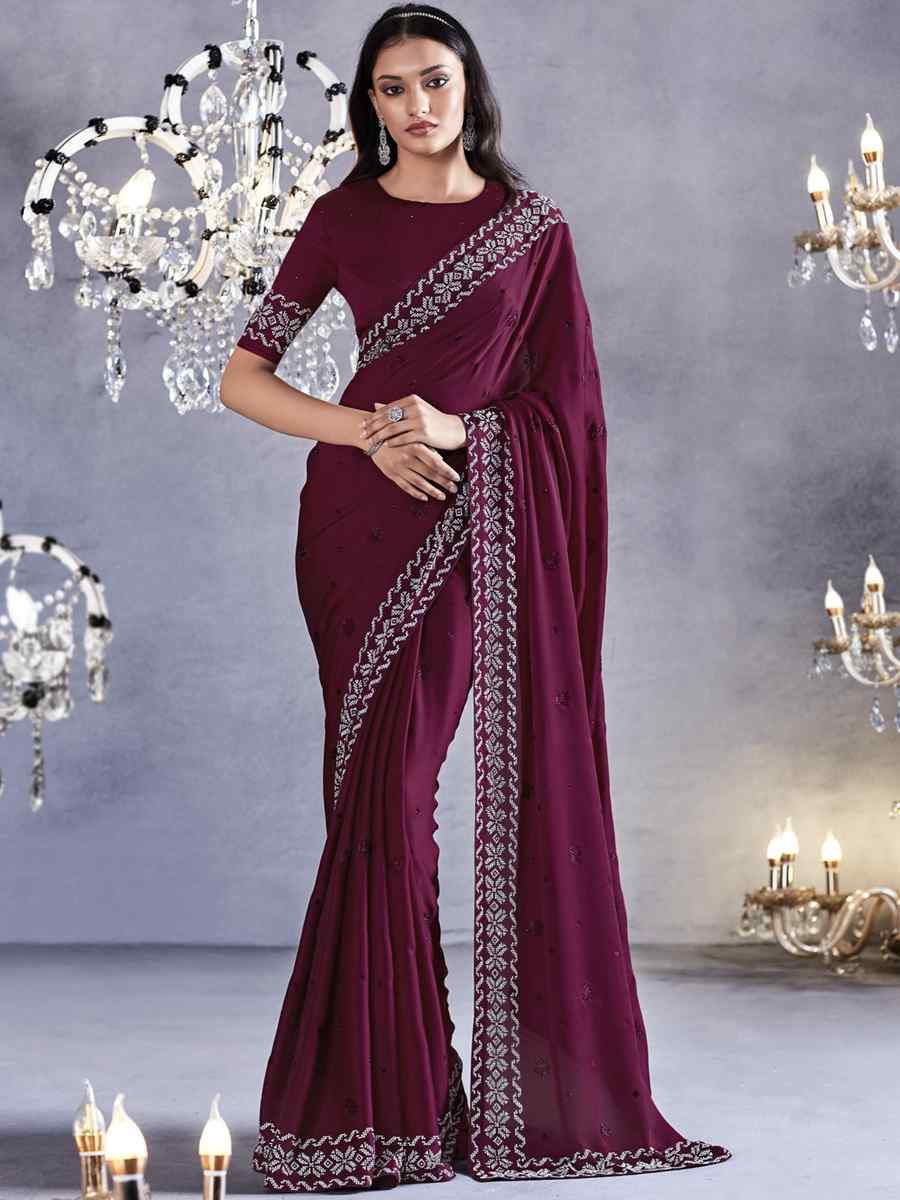 Wine Pure Satin Silk Embroidered Wedding Party Heavy Border Saree