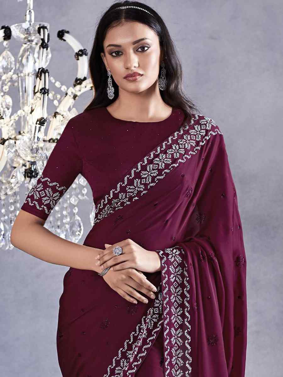 Wine Pure Satin Silk Embroidered Wedding Party Heavy Border Saree