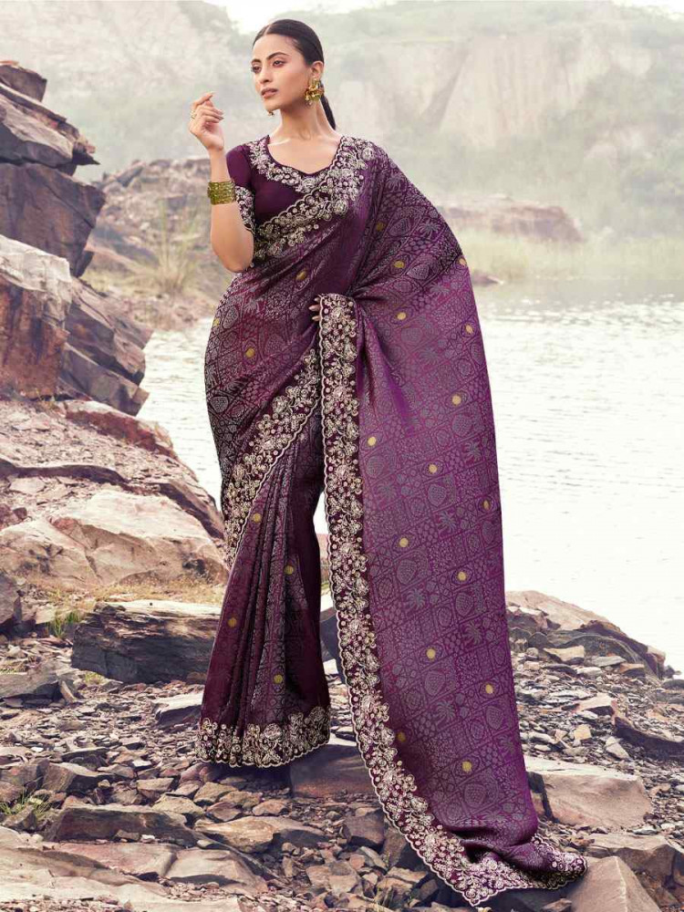 Image of Wine Pure Satin Silk With jacquard Embroidery Bridal Reception Festival Wedding Fancy Heavy Border Saree