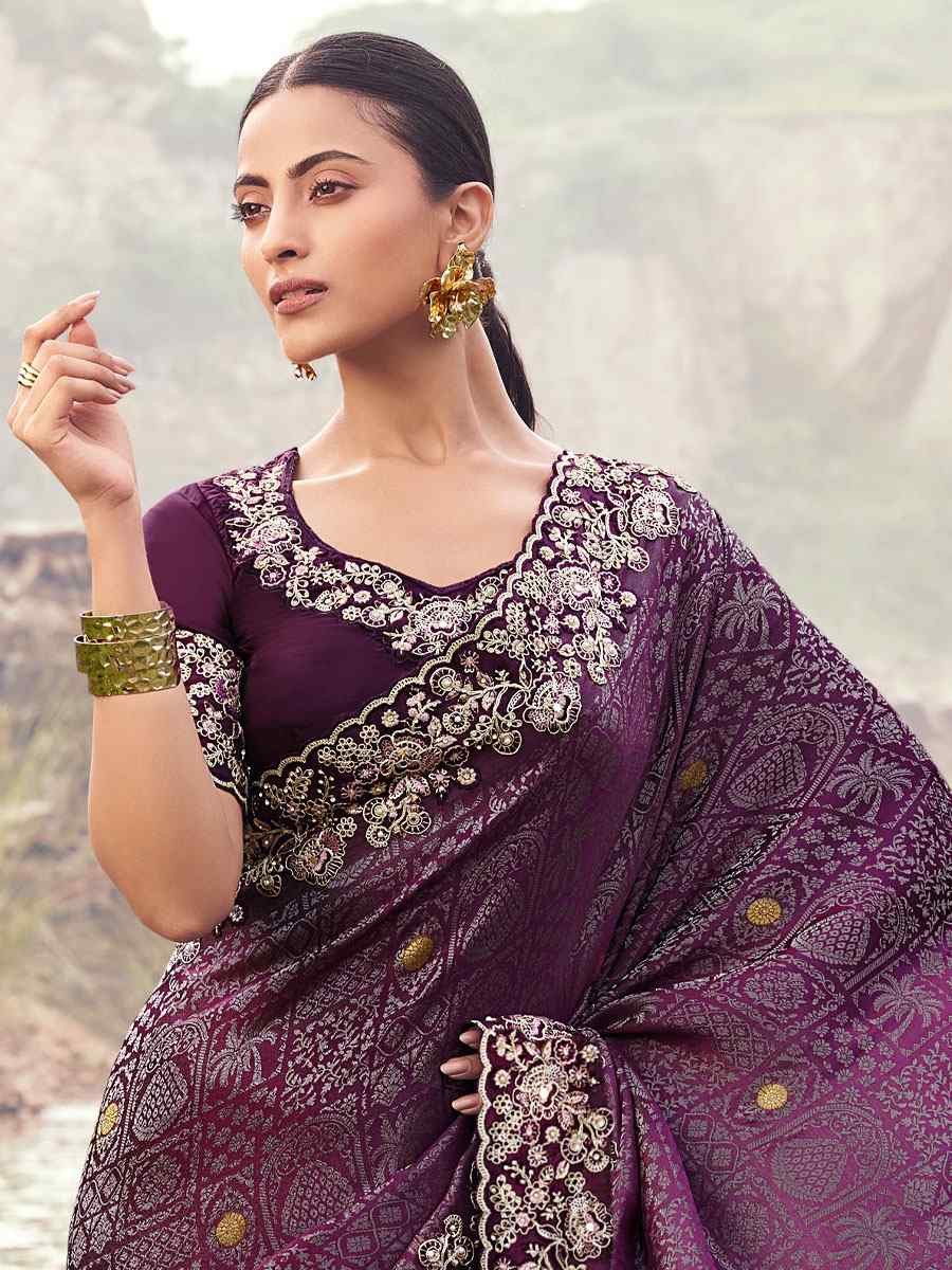 Wine Pure Satin Silk With jacquard Embroidery Bridal Reception Festival Wedding Fancy Heavy Border Saree