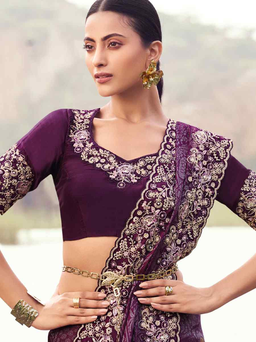 Wine Pure Satin Silk With jacquard Embroidery Bridal Reception Festival Wedding Fancy Heavy Border Saree