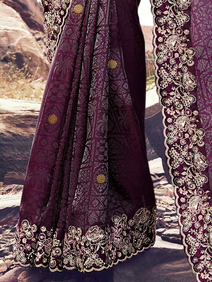 Wine Pure Satin Silk With jacquard Embroidery Bridal Reception Festival Wedding Fancy Heavy Border Saree