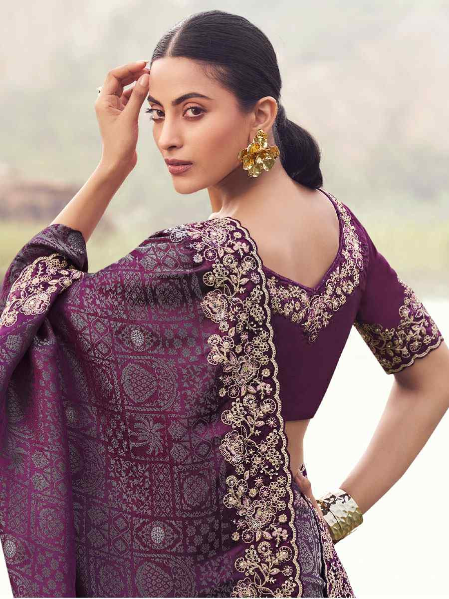 Wine Pure Satin Silk With jacquard Embroidery Bridal Reception Festival Wedding Fancy Heavy Border Saree