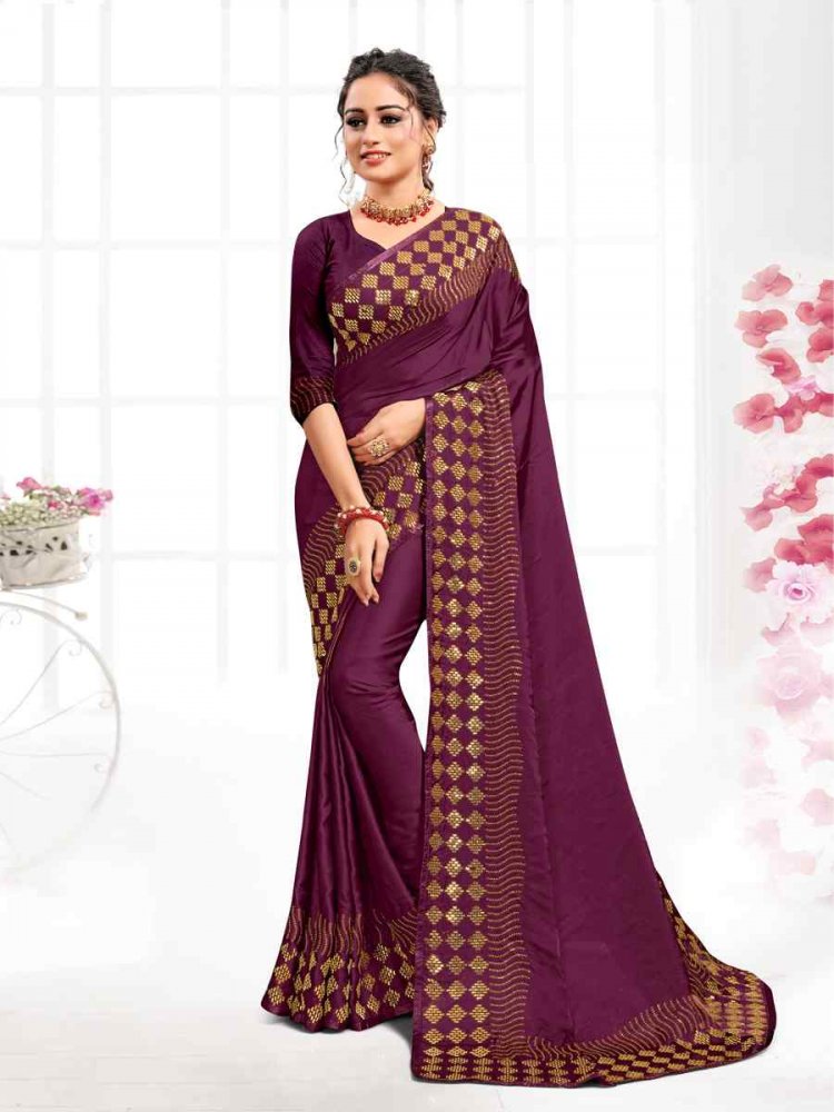 Wine Pure Satin Traditional Party Festival Classic Style Saree