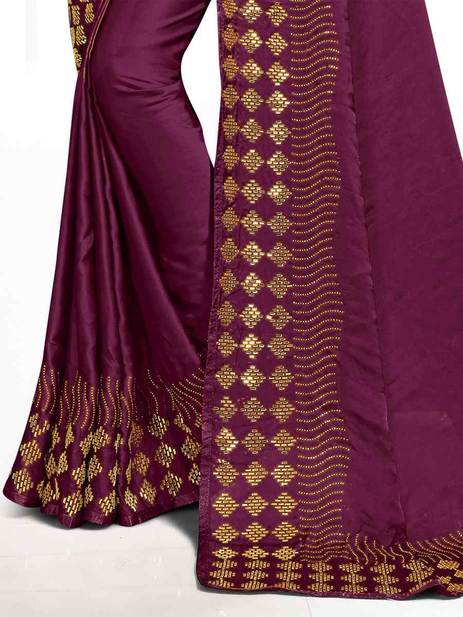 Wine Pure Satin Traditional Party Festival Classic Style Saree
