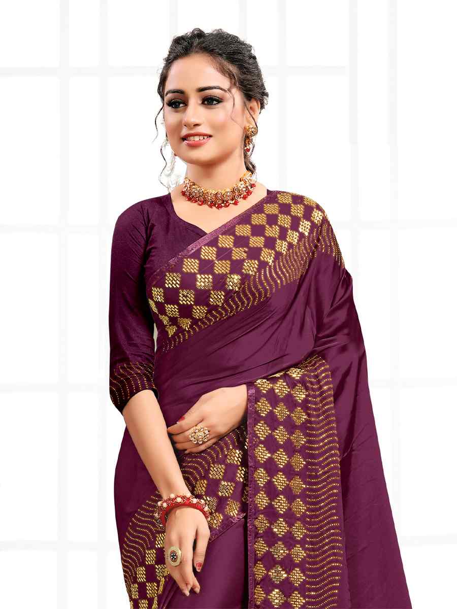 Wine Pure Satin Traditional Party Festival Classic Style Saree