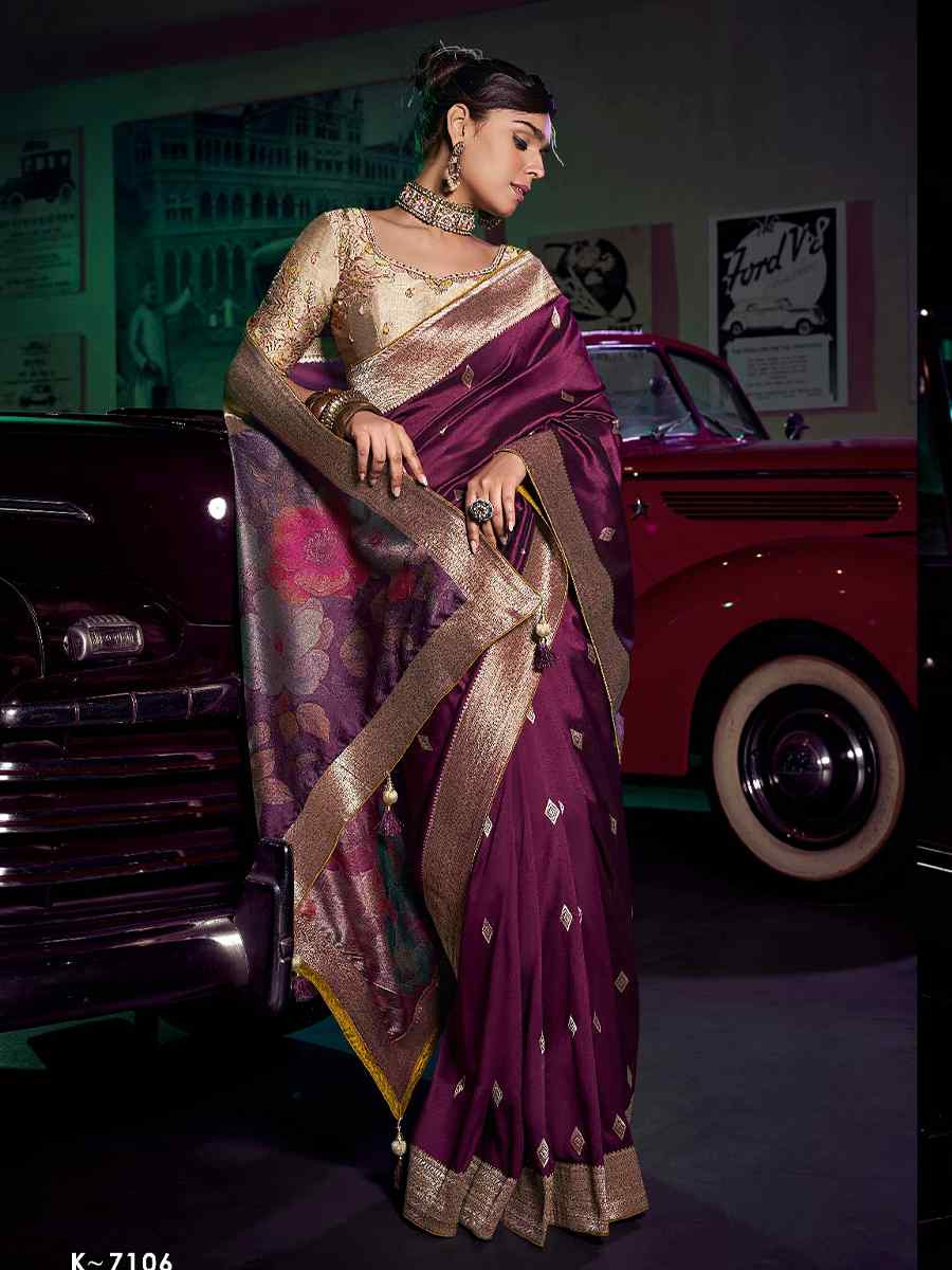 Wine Pure Silk Handwoven with Embroidered Festival Wedding Fancy Heavy Border Saree