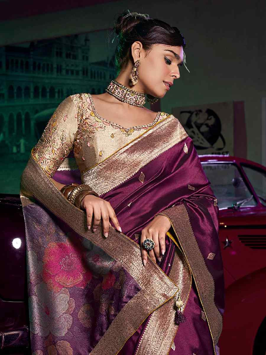 Wine Pure Silk Handwoven with Embroidered Festival Wedding Fancy Heavy Border Saree