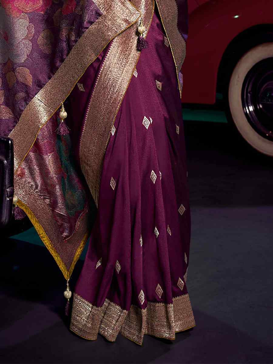 Wine Pure Silk Handwoven with Embroidered Festival Wedding Fancy Heavy Border Saree