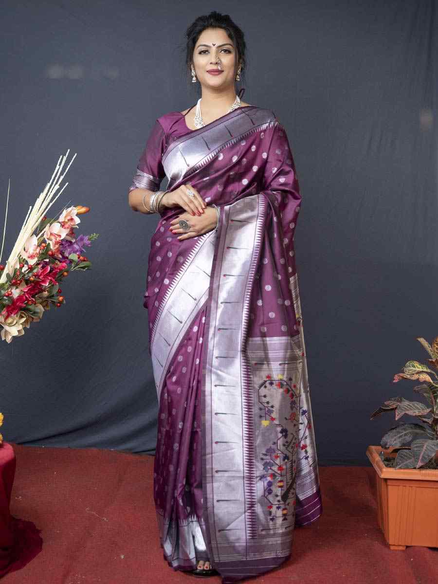 Wine Pure Soft Paithani Silk Handwoven Wedding Festival Heavy Border Saree
