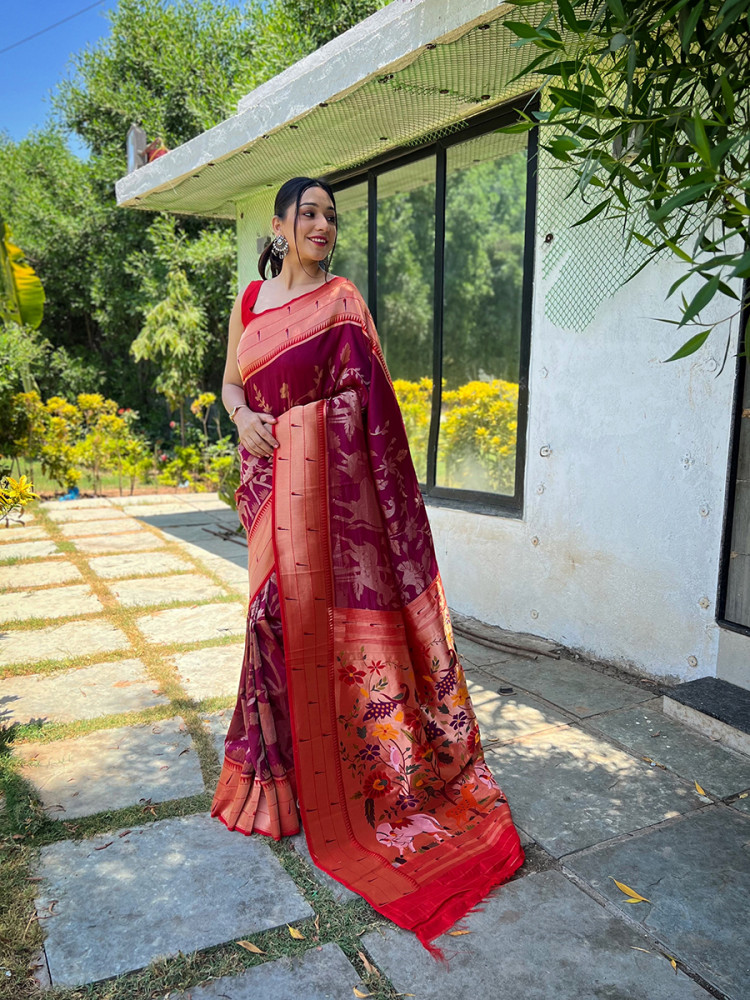 Image of Wine Pure Soft Paithani Silk Zari Wedding Reception Party Festival Casual Heavy Border Sarees