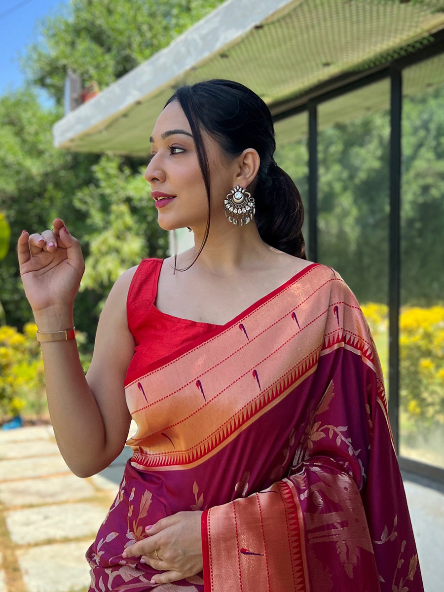 Wine Pure Soft Paithani Silk Zari Wedding Reception Party Festival Casual Heavy Border Sarees