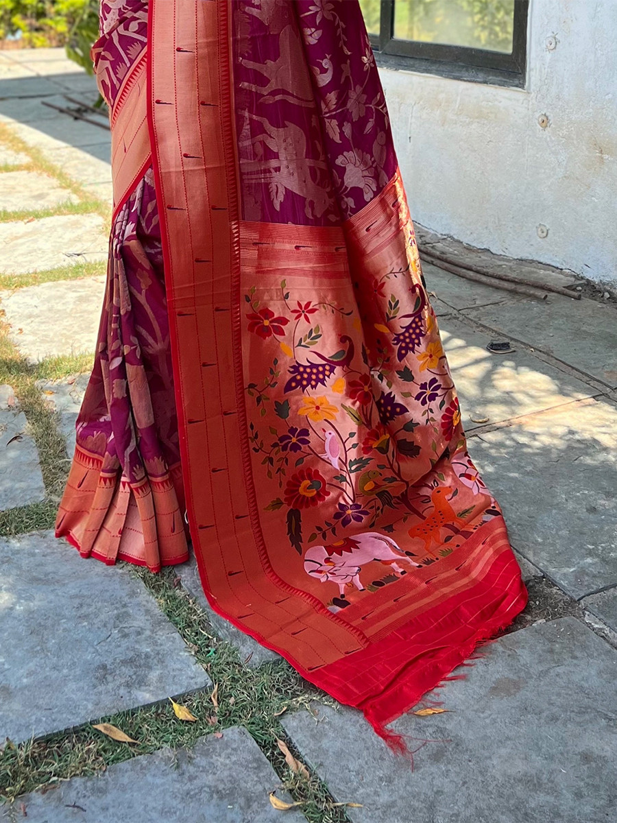 Wine Pure Soft Paithani Silk Zari Wedding Reception Party Festival Casual Heavy Border Sarees