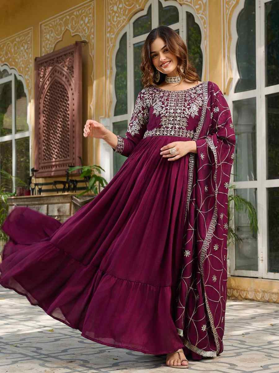 Wine Pure Vichitra Silk Embroidered Festival Casual Gown