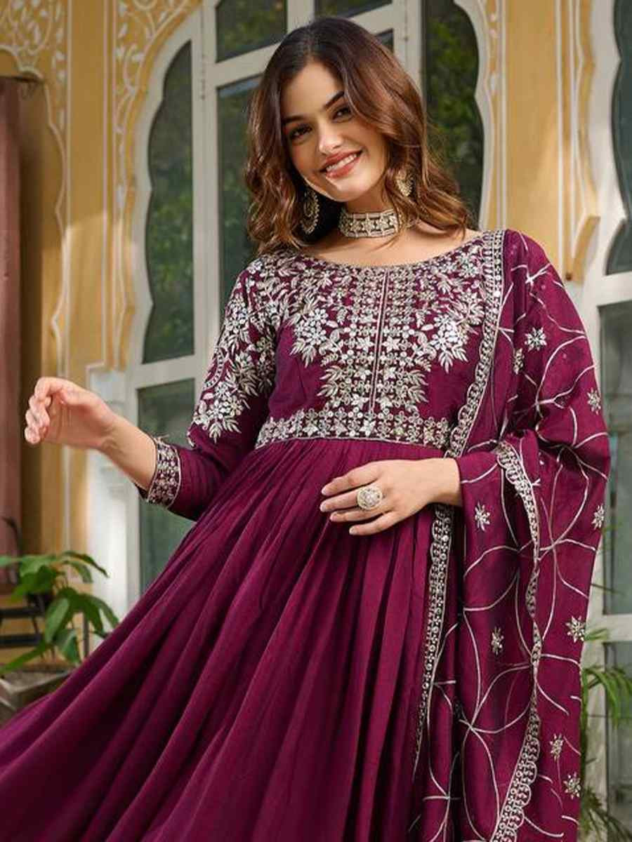Wine Pure Vichitra Silk Embroidered Festival Casual Gown