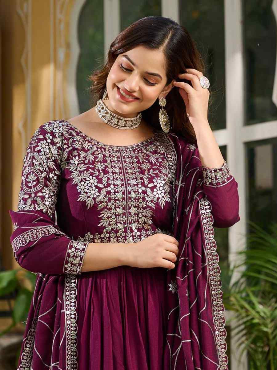 Wine Pure Vichitra Silk Embroidered Festival Casual Gown
