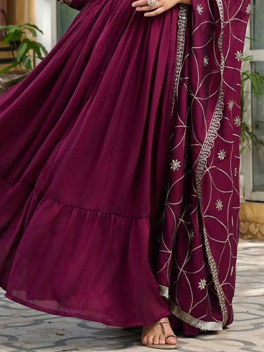 Wine Pure Vichitra Silk Embroidered Festival Casual Gown