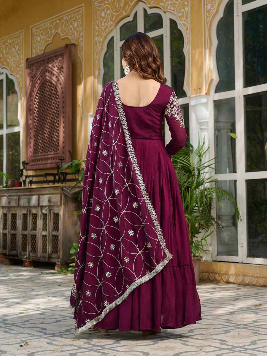 Wine Pure Vichitra Silk Embroidered Festival Casual Gown