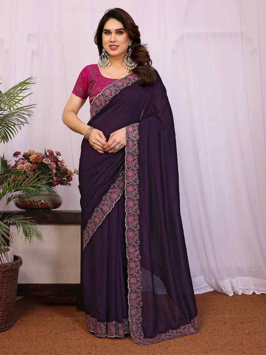Wine Pure Vichitra Silk Embroidery Festival Wedding Fancy Heavy Border Saree