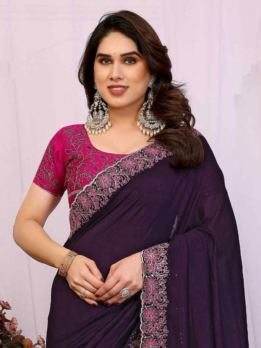 Wine Pure Vichitra Silk Embroidery Festival Wedding Fancy Heavy Border Saree
