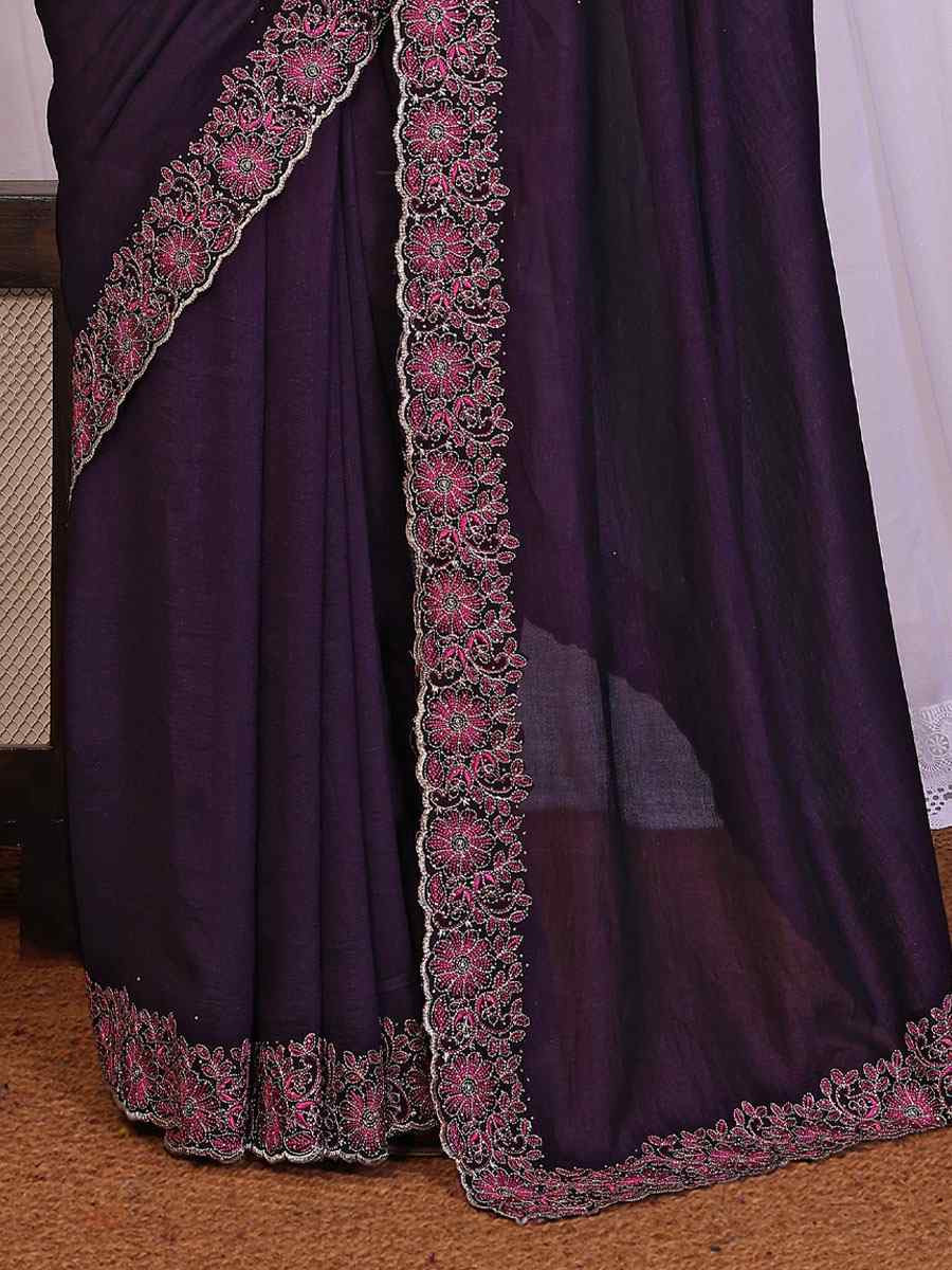 Wine Pure Vichitra Silk Embroidery Festival Wedding Fancy Heavy Border Saree