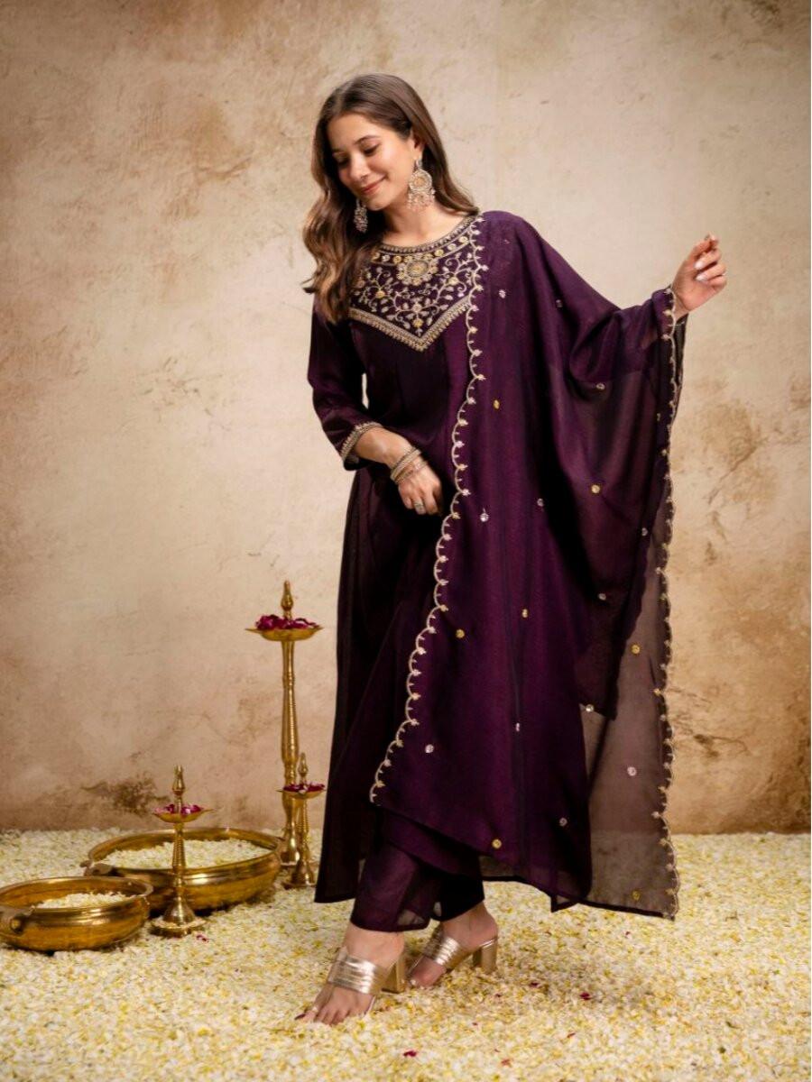 Wine Pure Vichitra Silk Embroidery Wedding Party Festival Ready Pant Salwar Kameez