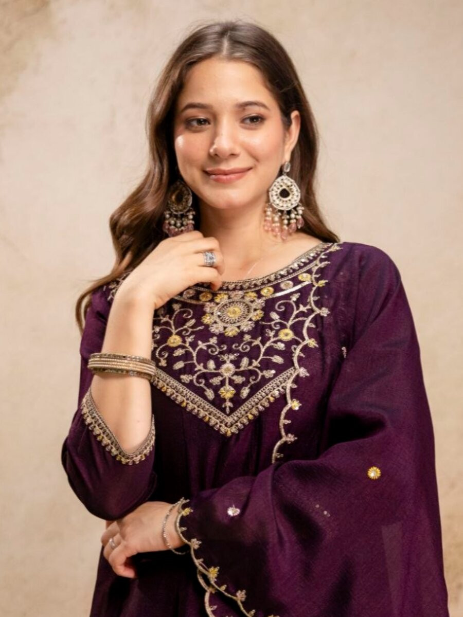 Wine Pure Vichitra Silk Embroidery Wedding Party Festival Ready Pant Salwar Kameez