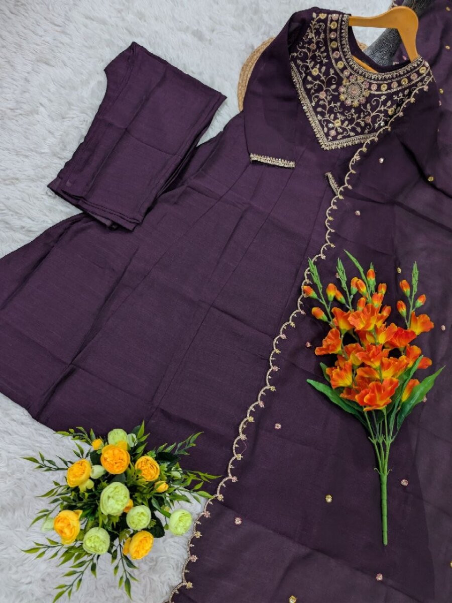 Wine Pure Vichitra Silk Embroidery Wedding Party Festival Ready Pant Salwar Kameez