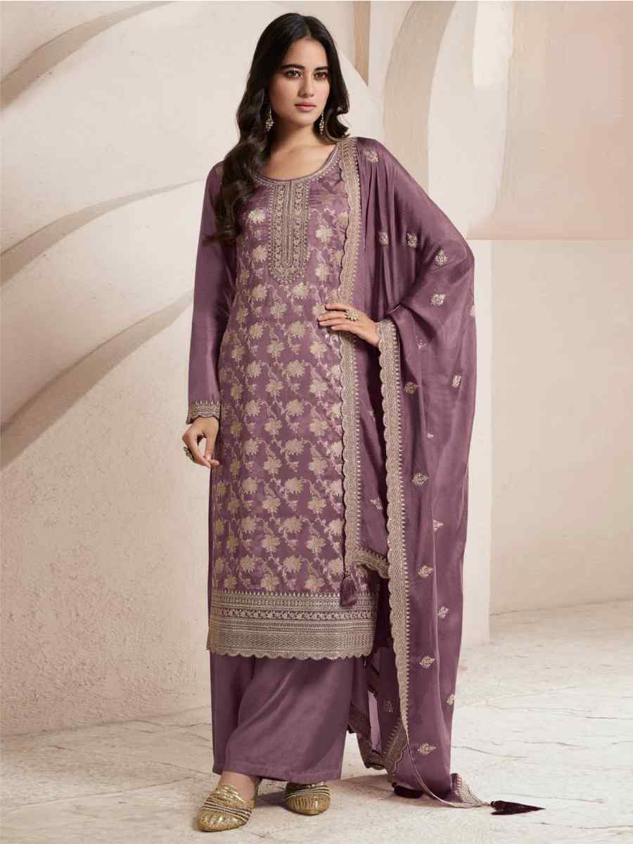 Wine Pure Viscose Jacquard Silk Embroidered Festival Wedding Pant Bollywood Style Salwar Kameez