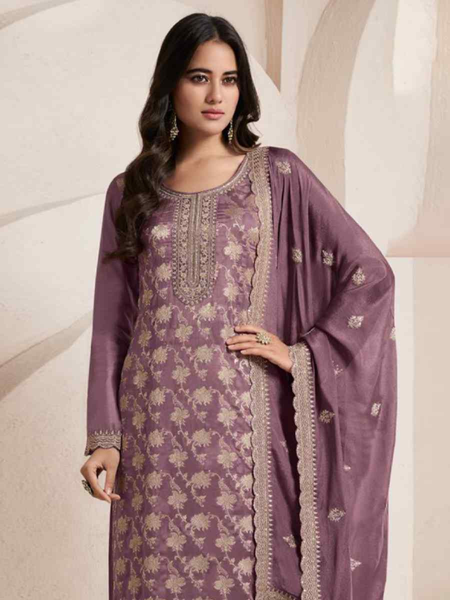 Wine Pure Viscose Jacquard Silk Embroidered Festival Wedding Pant Bollywood Style Salwar Kameez