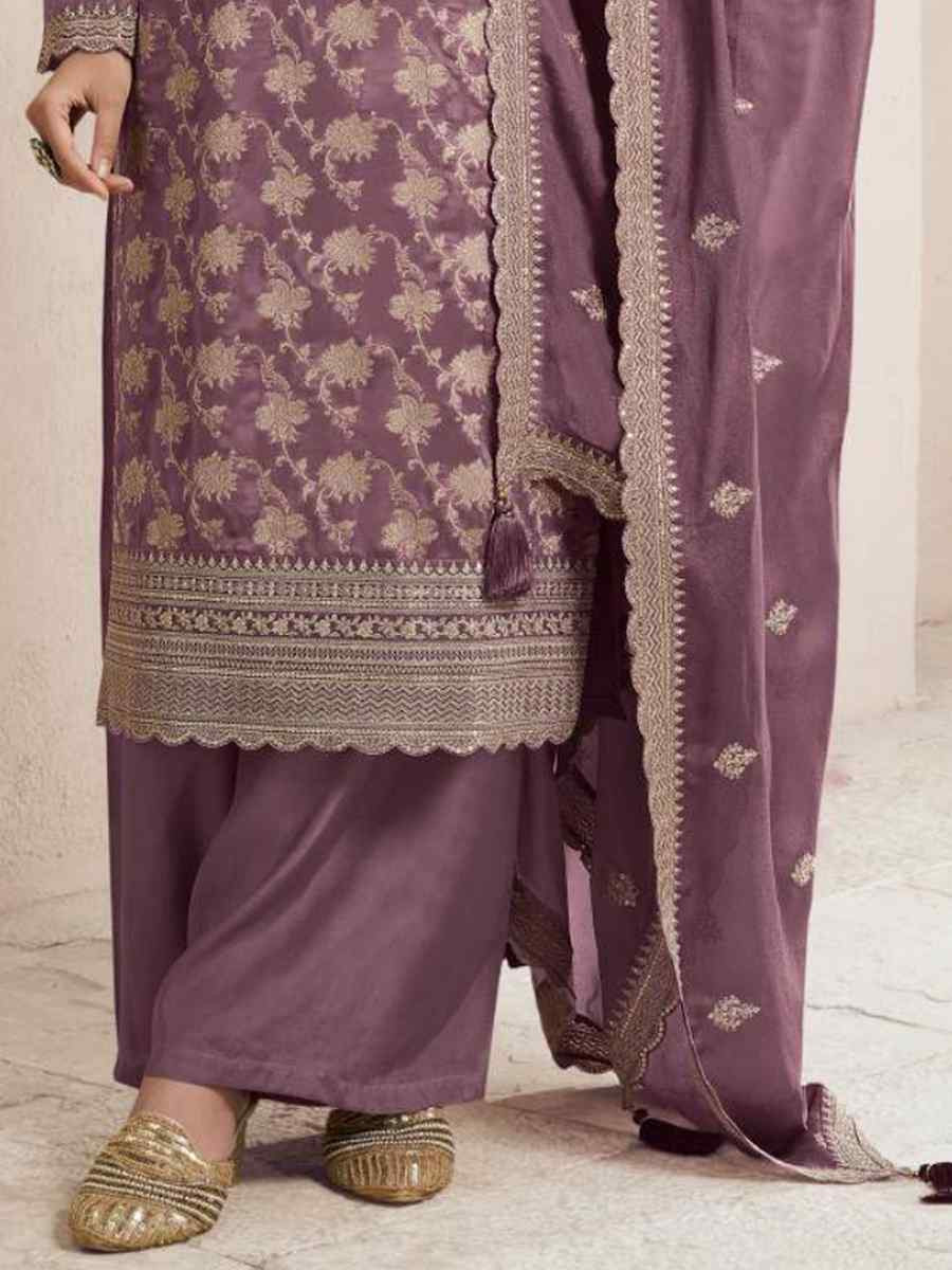 Wine Pure Viscose Jacquard Silk Embroidered Festival Wedding Pant Bollywood Style Salwar Kameez