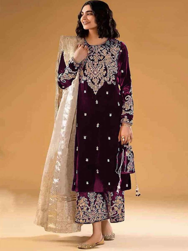 Wine Pure Viscose Velvet Embroidered Festival Wedding Pant Salwar Kameez
