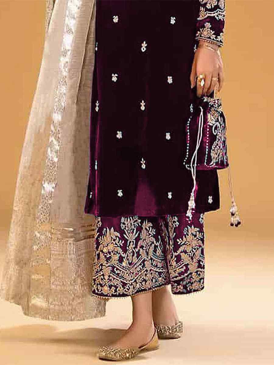 Wine Pure Viscose Velvet Embroidered Festival Wedding Pant Salwar Kameez