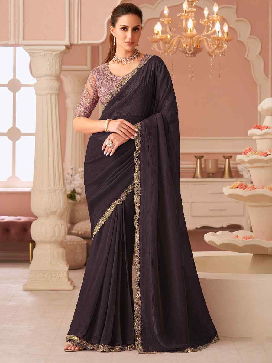 Wine Rainbow Georgette Embroidery Bridal Reception Festival Wedding Fancy Heavy Border Saree