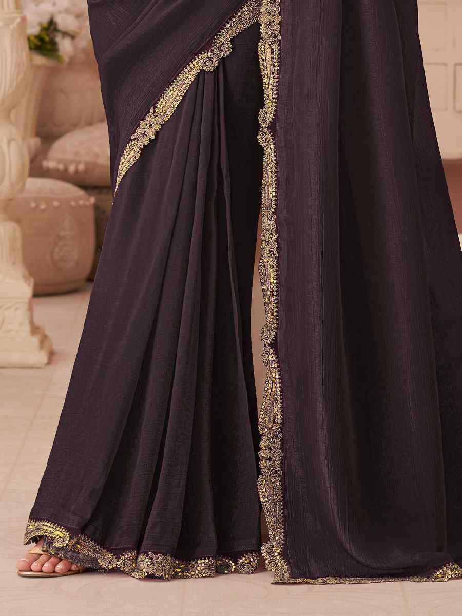 Wine Rainbow Georgette Embroidery Bridal Reception Festival Wedding Fancy Heavy Border Saree